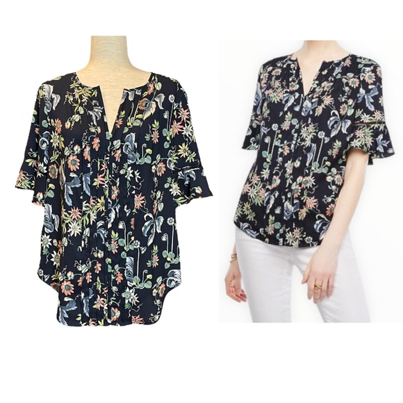 Ann Taylor Wild Flower Pintucked Flutter Sleeve Top in Navy Blue - Picture 1 of 8